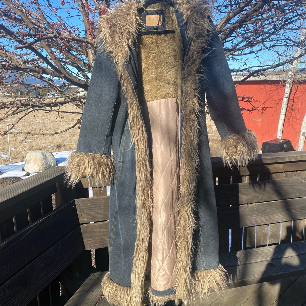 Rare Vintage 80’s Faux Fur and denim Trim Long Coat - Blue and Tan
